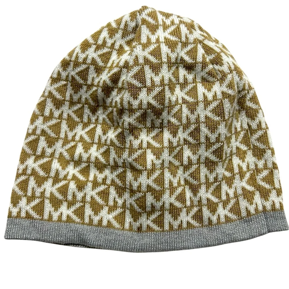 Michael Kors Gold & Cream Logo MK Patterned Beanie
